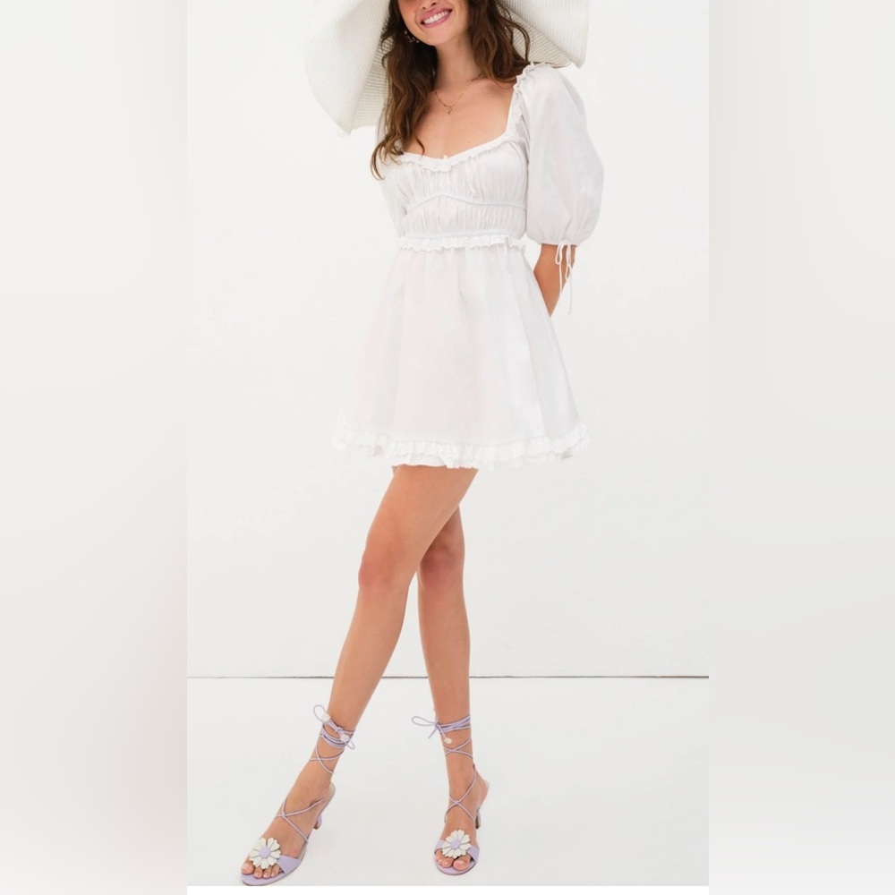 FOR LOVE & LEMONS Puff Sleeve Eyelet Ruffle White Mini Dress NWT Women’s XL - Picture 3 of 10